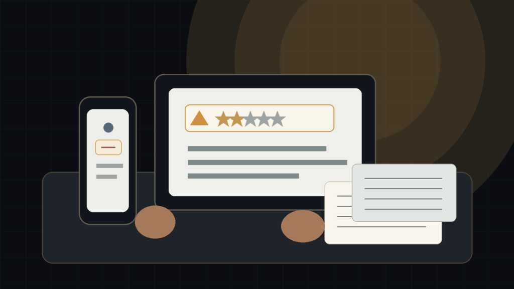 Empreendedor analisando avaliação online suspeita e provas digitais em notebook e celular